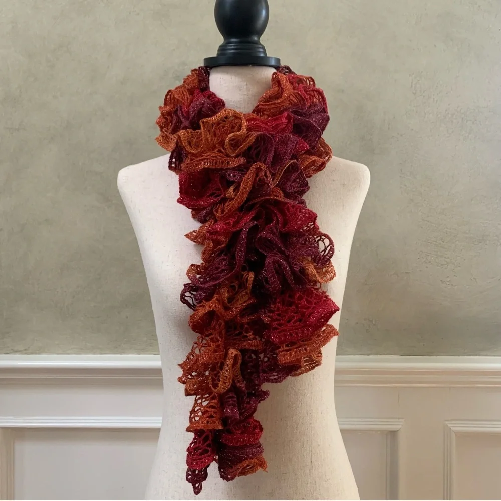 Artisan Handcrafted Ruffled Crochet / Knit Scarf Burgandy Rustic Orange